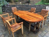 Teak patio table with chairs and long bench
