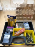 Plastic box of misc hardware and drill bits