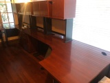 Dark wood computer desk with extension, upper cabinets