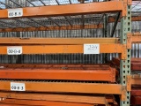 2 Orange metal storage shelving units with common center 12' x 8'
