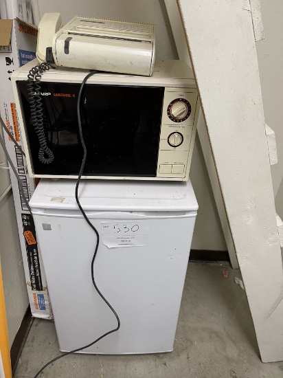 White GE Mini Refrigerator; Sharp Microwave; Ricoh Fax Machine