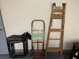 Five Ft Wood Ladder; Dolly; Two Black Folding Chairs