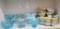 Set of five cups and six matching leaf plates; and six pieces of blue glass items