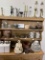 Contents of shelves - china dishes, brass items, cookie jar