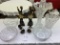 Pair of tall men candleholders, three glass bowls and more