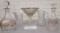 Glass pedestal bowl, crystal decanters w/gold trim, two crystal pitchers