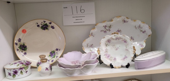 Two lavender china leaves, one plate, one tray, small dish, covered dish and more