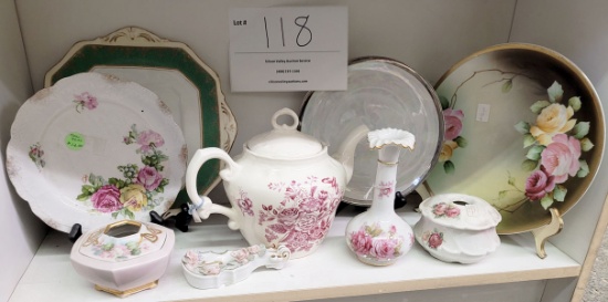 Four plates, pink and white teapot, violin dish, vase, two hair receivers