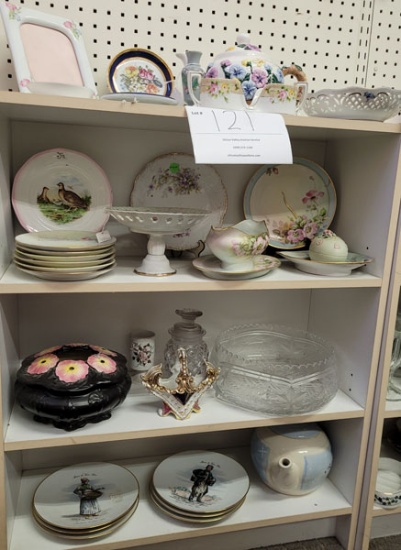 Two china tea pots, various plates, crystal bowl, picture frame
