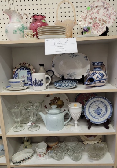 Teapot, pitcher, four sundae dishes, five cups and saucers and more