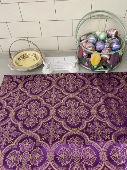 Purple altar cloth 23" by 23", metal basket with egg ornaments; and more