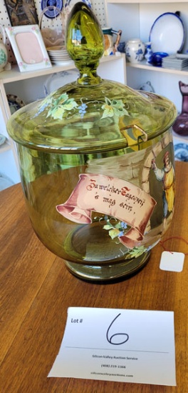 Green glass jar w/slot for dipper - Germany