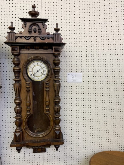 Wooden wall clock w/pendulum  32" tall by 19" wide by 7" deep