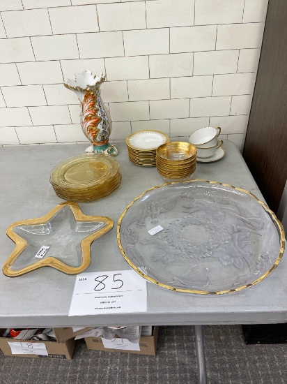 Dinnerware - gold rim dishes, round glass platter, yellow glass salad plates