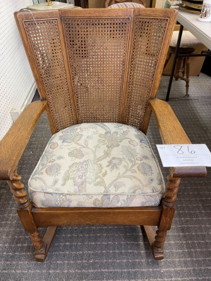 Antique cane backed three sides rocker w/tapastry cushion