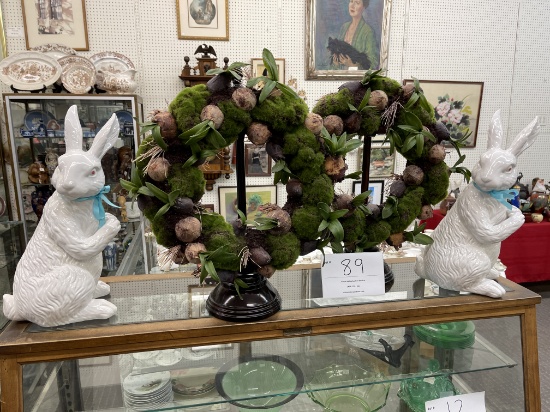 Two spring vegetable wreaths on stands and two porcelain white rabbits