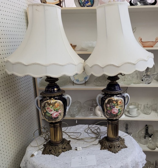 Two vintage porcelain and metal lamps w/shades  40" tall