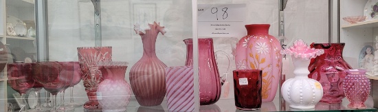 Six cranberry cordial glasses, two pitchers, eight vases
