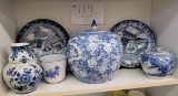 Two blue/white plates, large blue/white ginger jar and more