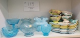 Set of five cups and six matching leaf plates; and six pieces of blue glass items