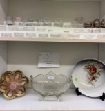 Small glass items (appox 41 pieces), large china bowl, green glass candy dish