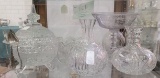 Six juice glasses, crystal vases/decanters, crystal fruit bowls, covered dish