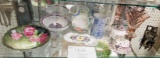 Glass vase, china bowls, blue/white pitcher, pansy plate and more