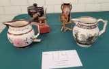 Two handpainted pitchers, wood inlaid round box, pottery vase and more