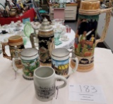Six steins of various origins and sizes, ceramic