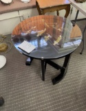 Asian black wood round table w/inlay - round glass cover