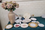 Large flower vase, teapot, ten plates, two glass cats and more