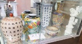 Three Asian vases, ginger jar, bowl ivory colored figurine and more