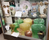 Three shelves of various china, glassware, vases and plates