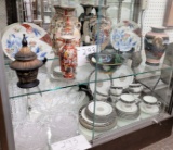 Two shelves Asian vases, bowl, set of Wedgewood china and more