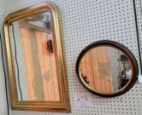 Large gold gilt framed mirror and wood framed round mirror