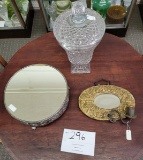 Large lidded crystal jar, round mirror vanity tray and more