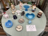 Three china figurines, monk jug, elephant and more