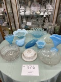 Blue and clear glassware and china covered dish
