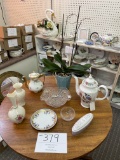 Two Lenox vases, two teapots, blue planter and more