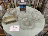 Various glassware, candle box, Pyrex loaf dish