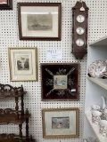 Wood barometer, three pictures, framed hand stitched velvet
