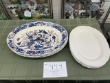 Three peacock large platters and three white china platters