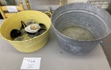 One gray and one yellow wash tubs, collection various ash trays