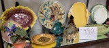 Bright colored ceramic plates, dishes, teapot and collectibles