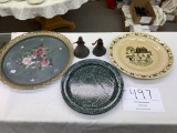 Hand painted tray, three spatter plates, two clay bells, large plate