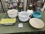 Two chamber pots, Avon bowl, blue planter and more
