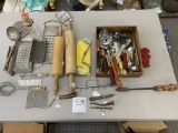 Vintage kitchen utensils, wood rolling pins, three metal spikes