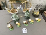 Five egg cups, three baskets, two faux cabbages