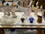 Figurine candle holder, three glass baskets, pair of birds and more