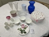 Cake stand, two crystal vases, three piece tea plate and cup set and more